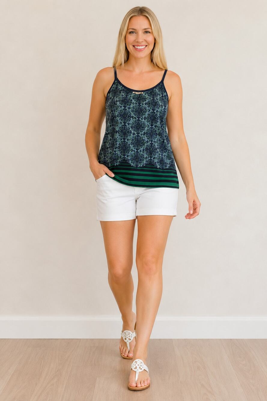 LR4410 CAbi XS Navy Green Medallion Print Sleeveless Cami Tank Top Border Hem